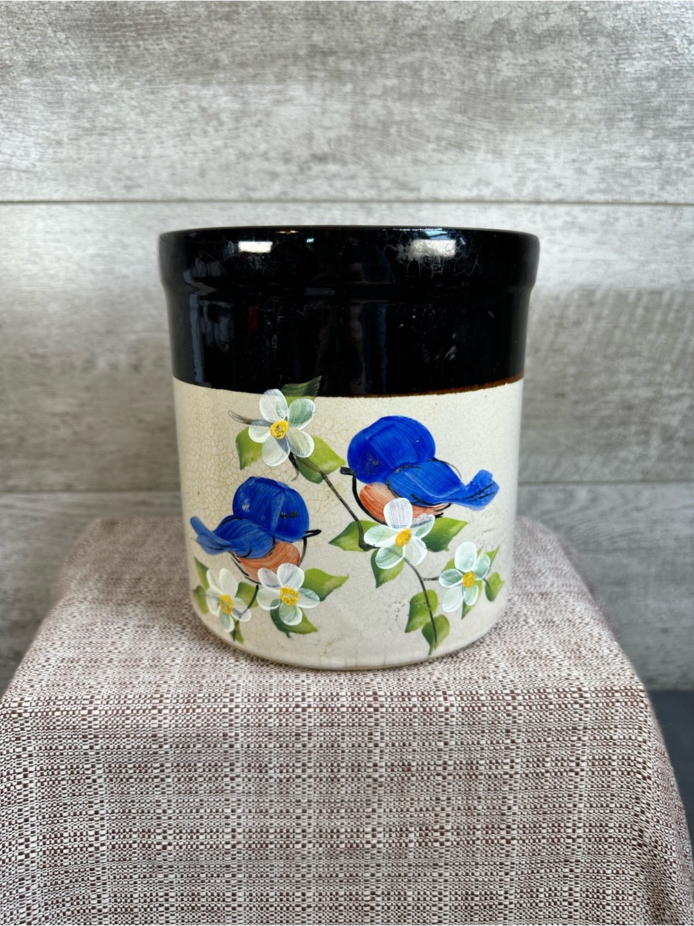 Vintage Robinson Ransbottom Bluebird Stoneware Crock Utensil Holder